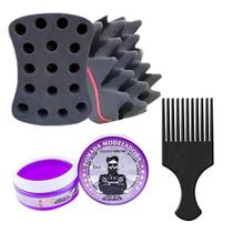 Esponja Nudred Dupla Enrolar Cabelos + cera modeladora + Pente Afro