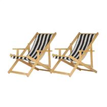 Espreguiçadeira Preguiçosa Dobrável Madeira Maciça Com Braço Natural Com Tecido Cor Listrado Preto e Branco