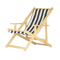 Espreguiçadeira Preguiçosa Dobrável Madeira Maciça Natural Com Braço Tecido Cor Listrado Preto e Branco