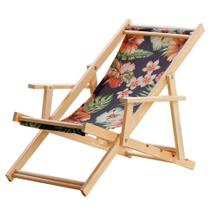 Espreguiçadeira Preguiçosa Dobrável Madeira Maciça Natural com Tecido Preto Flores Laranja