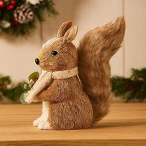 Esquilo Decorativo Natalino Palha Bege Enfeite Rústico 25cm Grande Decoração Sentado