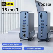 Estação De Docking USB C 15 Em 1 Com HDMI 4K, DP, Carregamento PD 100W, USB 3.0, Ethernet RJ45,