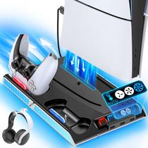 Estação de resfriamento KDD PS5 Slim/PS5 com estação de carregamento duplo e ventilador de resfriamento automático com controle de temperatura e luzes, base de suporte PS5 com 4 velocidades de ventilador, docking station de acessórios PS5 para conjuntos de skins PlayStation 5