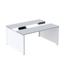 Estação de Trabalho Mesa Plataforma Escritório Dupla para 2 Pessoas com Caixa de Tomada Pé Painel Cinza/Branco