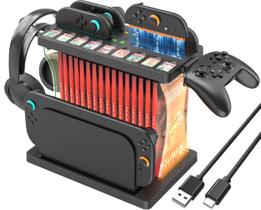 Estação organizadora de jogos Firven com carregador de controle, base de carregamento para Nintendo Switch 2, suporte de monitor para dock Switch 2, estojos de jogos e controladores profissionais, suporte de acessórios com iluminação RGB