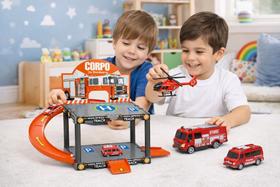 Estacionamento Bombeiros Infantil Pista Montar 13 Peças Carrinhos Helicóptero Estacionamento Bombeiros Infantil Pista Montar 13 Peças Carrinhos Helicóptero
