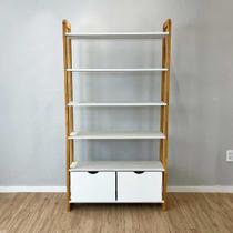 Estante 6 Prateleiras de Madeira Pinus Linea Ample com 2 Gavetas Branco e Nozes