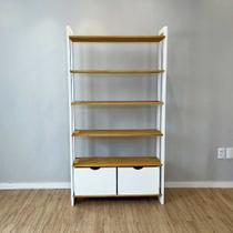 Estante 6 Prateleiras de Madeira Pinus Linea Ample com 2 Gavetas Nozes e Branco