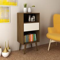 Estante Baixa Mesa Lateral Para Livros Com 1 Gaveta e 2 Nichos Sala de Estar Marrom Escuro Off White