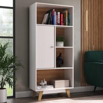 Estante de Livros 68CMX153CM Pés em Madeira Maciça 1 Porta 3 Prateleiras Pequim Branco/Nogal Estante de Livros 68CMX153CM Pés em Madeira Maciça 1 Porta 3 Prateleiras Pequim Branco/Nogal