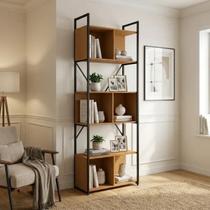 Estante de Livros Industrial 6 Prateleiras e Nichos 202x72cm LI014 Canela e Preto Fosco
