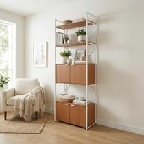 Estante de Livros Industrial em Aço 4 Portas 2 Prateleiras 202x72cm Canela/Branco Brilho