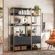 Estante de Livros Industrial MDF 143,2CMX200CM Escritório 4 Gavetas 5 Prateleiras Preta Estrutura de Metal Ouro Envelhecido Estante de Livros Industrial MDF 143,2CMX200CM Escritório 4 Gavetas 5 Prateleiras Preta Estrutura de Metal Ouro Envelhecido