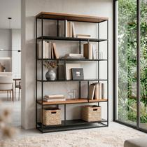 Estante Divisória em Metal e Madeira com Nichos Prateleiras Decorativa Moderna para Sala Hive Preto/Nozes Estante Divisória em Metal e Madeira com Nichos Prateleiras Decorativa Moderna para Sala Hive Preto/Nozes