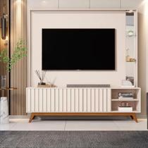 Estante e Home Theater Ripado para TV até 75 Polegadas MDF 179cmx190,5cm Pés em Madeira Maciça Ripada Açaí Bege Off White