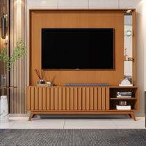Estante e Home Theater Ripado para TV até 75 Polegadas MDF 179cmx190,5cm Pés em Madeira Maciça Ripada Açaí Marrom Nature