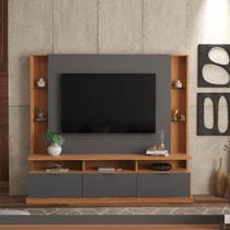 Estante Home para TV até 70 Polegadas 3 Portas Prateleiras Vidro e Rodízio Bilbao Jequitibá/Cinza Perolizado - Lukaliam