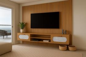 Estante Home Para Tv Suspenso + Painel Grande Ripado MDF Estante Home Para Tv Suspenso + Painel Grande Ripado MDF