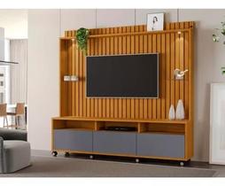 Estante Home Ripado Para Tv Até 65 Polegadas -3 Gavetas e Nicho com Leds -Rodizio -Carmolar -NATURALE/CHUMBO Estante Home Ripado Para Tv Até 65 Polegadas -3 Gavetas e Nicho com Leds -Rodizio -Carmolar -NATURALE/CHUMBO
