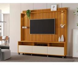 Estante Home Ripado Para Tv Até 65 Polegadas -3 Gavetas e Nicho com Leds -Rodizio -Carmolar -NATURALE/OFF-WHITE