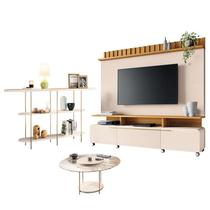 Estante Home Theater Artís Off White Cinamomo e Aparador Infinity e Mesa de centro Sky com tampo de vidro Off White HB Móveis
