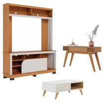 Estante Home Theater Belaya Freijó Off White Matte com Mesa de Centro Jeri Off White Freijó e Aparador Riviera Freijó Colibri
