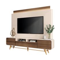Estante Home Theater C/ Fita LED Sala Estar TV Até 85 Polegadas 3 Portas Pés De Madeira Nobre
