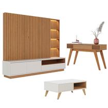 Estante Home Theater Cancún Freijó Off White Matte com Mesa de Centro Jeri Off White Freijó e Aparador Riviera Freijó - Colibri