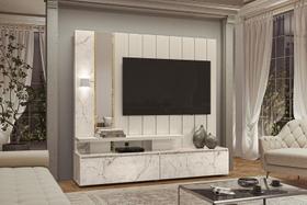 Estante Home Theater Com Espelho e LED 2 Gavetas Zeus Calacata e Off White - Madetec