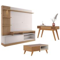 Estante Home Theater Maceió com Mesa de Centro Jeri Freijó Off White e Aparador Riviera Freijó Colibri