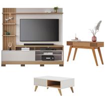 Estante Home Theater Maceió Com Pés Freijó Off White com Mesa de Centro Jeri Off White Freijó e Aparador Riviera Freijó Colibri