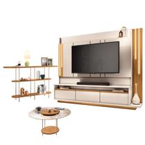 Estante Home Theater Montane Off White Cinamomo e Aparador Infinity e mesa de Centro Sky com Tampo de Vidro Cinamomo - HB Móveis