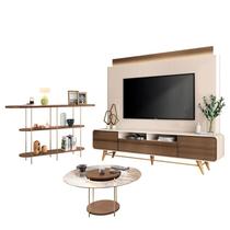 Estante Home Theater Nobre Off White Castanho e Aparador Infinity e Mesa de Centro Sky com Tampo de Vidro Castanho HB Móveis