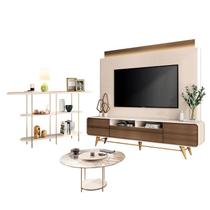 Estante Home Theater Nobre Off White Castanho e Aparador Infinity e Mesa de centro Sky com tampo de vidro Off White HB Móveis