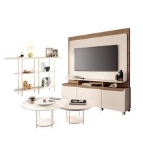 Estante Home Theater Quantum Off White Castanho e Aparador Infinity e Kit Mesa de Centro Sky Off White HB Móveis