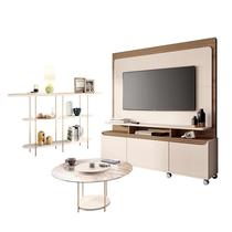 Estante Home Theater Quantum Off White Castanho e Aparador Infinity e Mesa de Centro Sky com Tampo de Vidro Off White HB Móveis