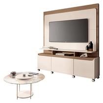 Estante Home Theater Quantum Off White Castanho e Mesa de Centro Sky com Tampo de Vidro Off White HB Móveis