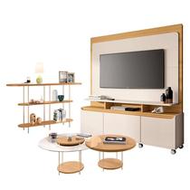 Estante Home Theater Quantum Off White Cinamomo e Aparador Infinity e Kit Mesa de Centro Sky Cinamomo HB Móveis