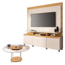 Estante Home Theater Quantum Off White Cinamomo e Mesa de Centro Sky com Tampo de Vidro Cinamomo HB Móveis