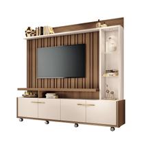 Estante Home Theater Ripado Luminária Led Sala Estar TV Até 60 Polegadas Rodízios Prateleira De Vidro E 4 Portas Titan