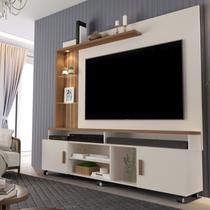 Estante Home Theater Ripado para TV até 65 Polegadas com 180cmx187cm Led e Rodízios Ocean Bege Off White/Canela