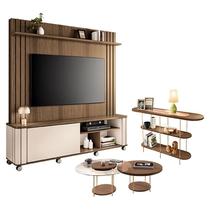 Estante Home Theater Trinus Castanho Off White com Kit Mesa de Centro Sky e Aparador Infinity Castanho - HB Móveis