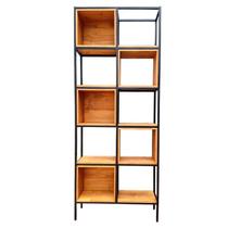 Estante Industrial com 5 Prateleiras e 5 Nichos - Ferro em Preto e Madeira Pinus Tonalidade Castanheira