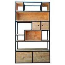 Estante Industrial de Ferro Cor Preta e Madeira Maciça Cor Marítimo Com Prateleiras, Nichos e Gavetas