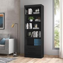 Estante Livreiro 2 Gavetas 3 Prateleiras Móveis Preto Fosco Qmovi