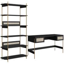 Estante Livreiro Home Office e Mesa Escrivaninha Industrial Indy A03 Nero Dourado - Lyam Decor