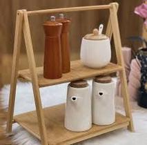 Estante Multiuso Bandeja Cozinha Banheiro Organizador Prateleira Dupla De Bambu Retangular Multiuso 38x31,5x20cm