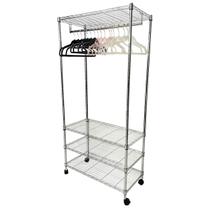 Estante Organizadora Closet Ajustável Aço Inox 4 Prateleiras Com Cabideiro e Rodízios