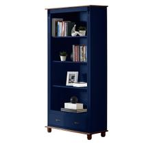 Estante para Livros de Madeira com 3 Prateleiras 1 Gaveta e Pés Torneados - Azul Bic com tampo e base Imbuia Glazer