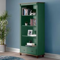 Estante para Livros de Madeira com 3 Prateleiras 1 Gaveta e Pés Torneados - Verde Kalle Laca com tampo e base Imbuia Glazer Estante para Livros de Madeira com 3 Prateleiras 1 Gaveta e Pés Torneados - Verde Kalle Laca com tampo e base Imbuia Glazer